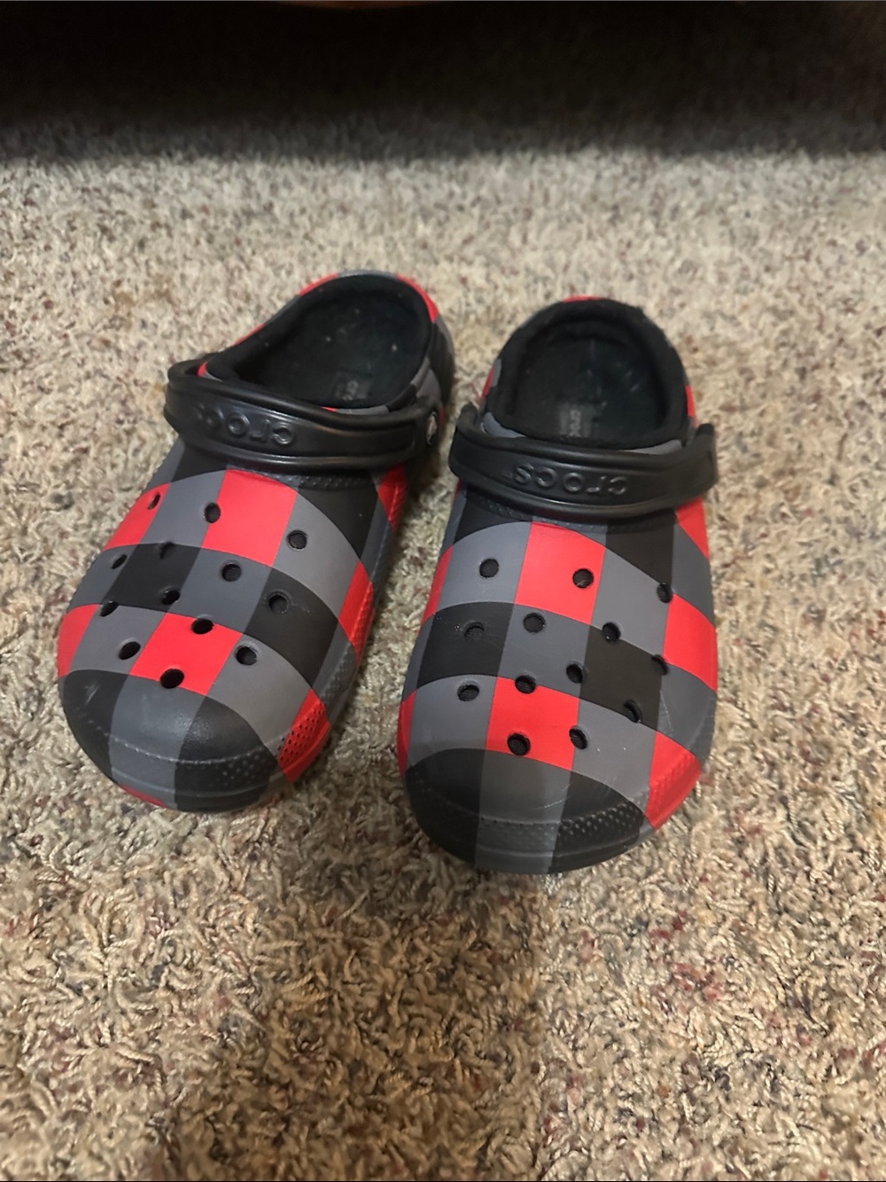 CROCS Plaid Slip-On Clogs in Red, Black & Gray